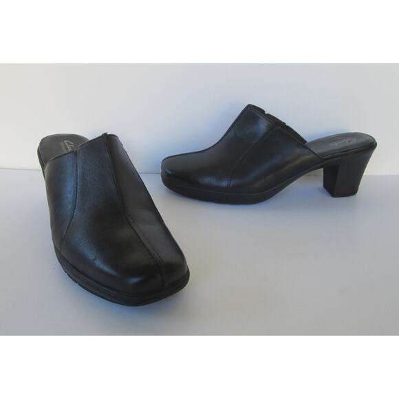 Clarks Bendables Womens Lovely Black Leather Slip On Mules Clogs Shoes 9 M - Picture 1 of 4